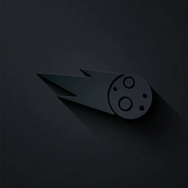 Paper cut Comet falling down fast icon isolated on black background. Paper art style. Vector Illustration — 스톡 벡터