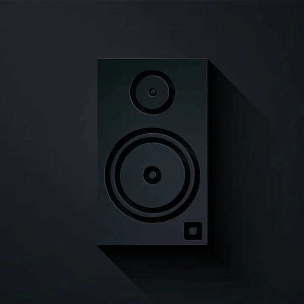 Corte de papel Icono de altavoz estéreo aislado sobre fondo negro. Altavoces del sistema de sonido. Icono musical. Equipo de altavoz de columna musical bajo. Estilo de arte de papel. Ilustración vectorial — Vector de stock