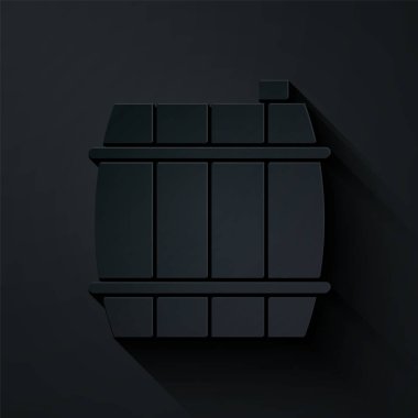 Kağıt kesiği, siyah arka planda izole edilmiş tahta varil ikonu. Alkol fıçısı, içki kabı, bira için tahta fıçı, viski, şarap. Kağıt sanatı tarzı. Vektör İllüstrasyonu