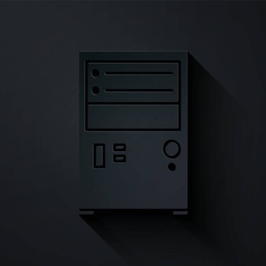 Kağıt kesimi Bilgisayar simgesi siyah arkaplanda izole edildi. Bilgisayar bileşeni işareti. Kağıt sanatı tarzı. Vektör İllüstrasyonu