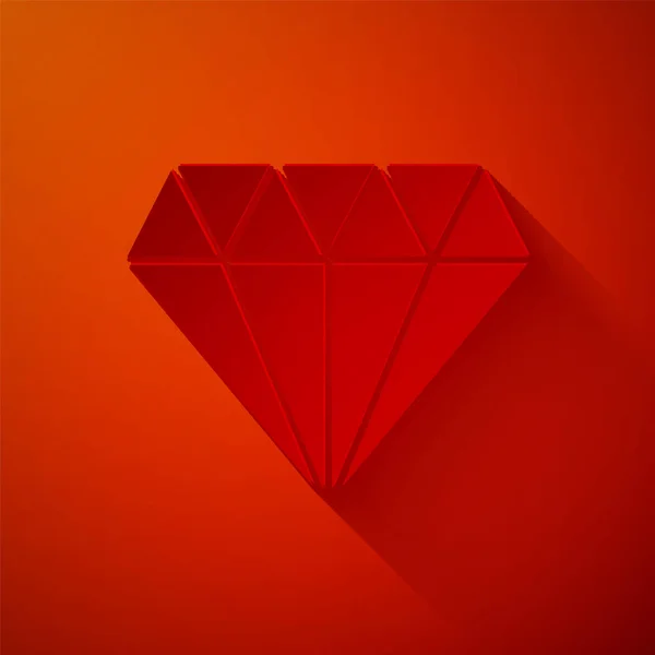 Papírvágás Gyémánt ikon elszigetelt piros háttérrel. Ékszer szimbólum. Ékkő. Papírművészeti stílus. Vektorillusztráció — Stock Vector