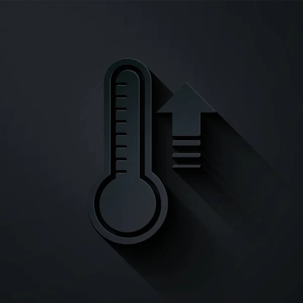 Corte de papel Termómetro de meteorología que mide el calor y el frío icono aislado sobre fondo negro. Equipo de termómetro que muestra clima caliente o frío. Estilo de arte de papel. Ilustración vectorial — Vector de stock