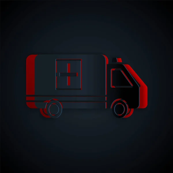 Pappersklipp Ambulans och nödbil ikon isolerad på svart bakgrund. Ambulans fordon medicinsk evakuering. Papperskonst. Vektor Illustration — Stock vektor