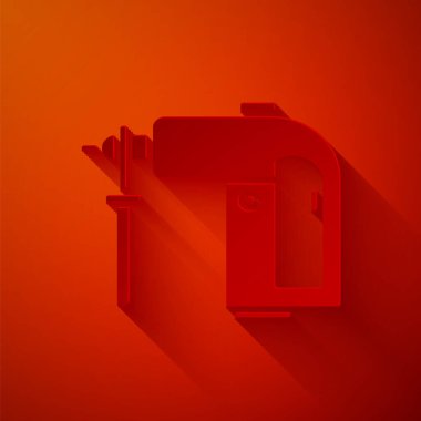 Kağıt kesikli elektrikli çekiç matkabı ikonu kırmızı arka planda izole edilmiş. İnşaat, onarım ve onarım için kullanılan bir alet. Kağıt sanatı tarzı. Vektör İllüstrasyonu