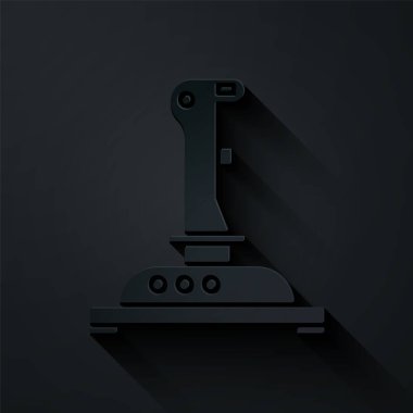 Oyun makinesi simgesi için kağıt kesiği Joystick siyah arkaplanda izole edilmiş. Joystick oyun alanı. Kağıt sanatı tarzı. Vektör İllüstrasyonu