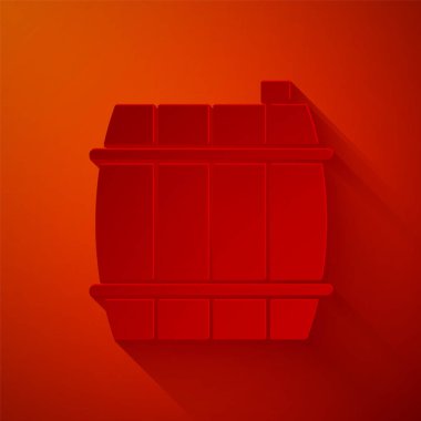 Kağıt kesiği ahşap varil ikonu kırmızı arka planda izole edilmiş. Alkol fıçısı, içki kabı, bira için tahta fıçı, viski, şarap. Kağıt sanatı tarzı. Vektör İllüstrasyonu