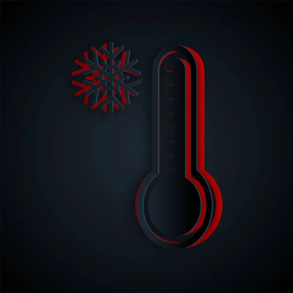 Paper cut Meteorology thermometer measuring heat and cold icon isolated on black background. Thermometer equipment showing hot or cold weather. Paper art style. Vector Illustration — Stock Vector