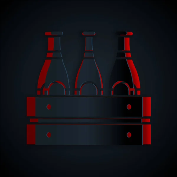 Papiergeschnittene Packung Bierflaschen auf schwarzem Hintergrund. Holzkiste und Bierflaschen. Kästen-Bierkastenschild. Papierkunst. Vektorillustration — Stockvektor