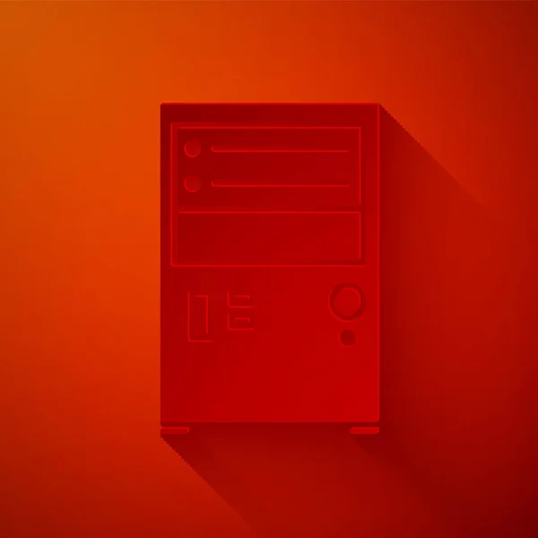 Papier gesneden Computer pictogram geïsoleerd op rode achtergrond. Pc-componentenbord. Papierkunst stijl. Vector Illustratie — Stockvector