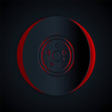 Kağıt kesiği Araba fren diski simgesi siyah arkaplanda izole edildi. Kağıt sanatı tarzı. Vektör İllüstrasyonu