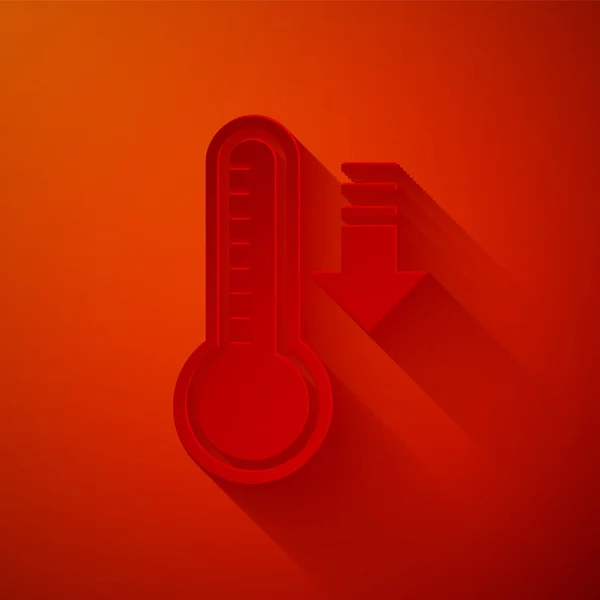 Папір вирізав метеорологічний термометр для вимірювання тепла та холодної ікони, ізольовані на червоному тлі. Термометр обладнання, що показує гарячу або холодну погоду. Стиль паперового мистецтва. Векторна ілюстрація — стоковий вектор