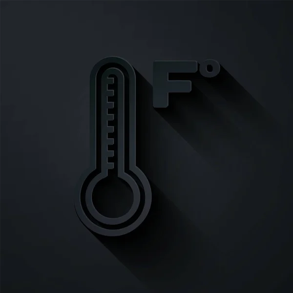 Paper cut Meteorology thermometer measuring heat and cold icon isolated on black background. Temperature Fahrenheit. Paper art style. Vector Illustration — 스톡 벡터