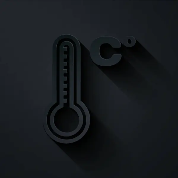 Paper cut Meteorology thermometer measuring heat and cold icon isolated on black background. Temperature Celsius. Paper art style. Vector Illustration — 스톡 벡터