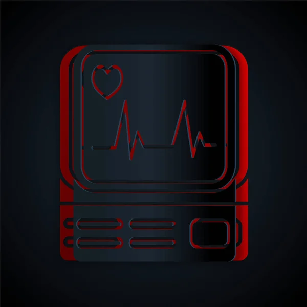 Papiergeschnittener Computermonitor mit Kardiogramm-Symbol isoliert auf schwarzem Hintergrund. Überwachungssymbol. EKG-Monitor mit von Hand gezogenem Herzschlag. Papierkunst. Vektorillustration — Stockvektor