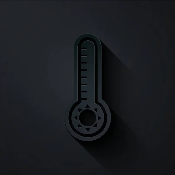 Papier gesneden Meteorologie thermometer meten warmte en koude pictogram geïsoleerd op zwarte achtergrond. Thermometer apparatuur toont warm of koud weer. Papierkunst stijl. Vector Illustratie — Stockvector