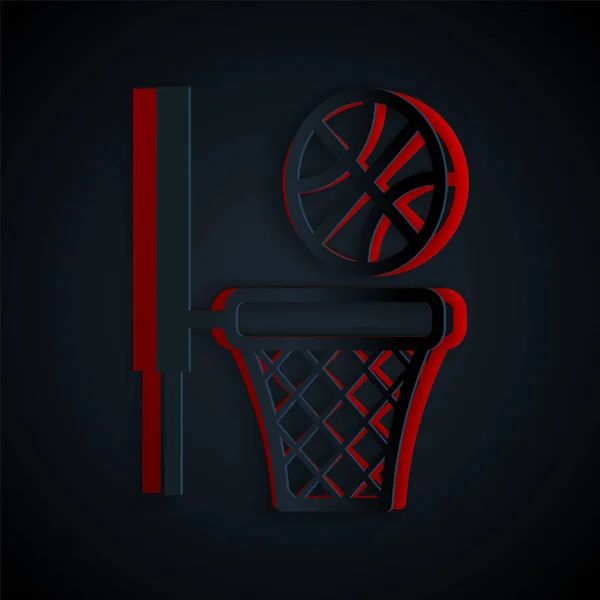 Papier gesneden Basketbal en mand pictogram geïsoleerd op zwarte achtergrond. Bal in de basketbalring. Papierkunst stijl. Vector Illustratie — Stockvector