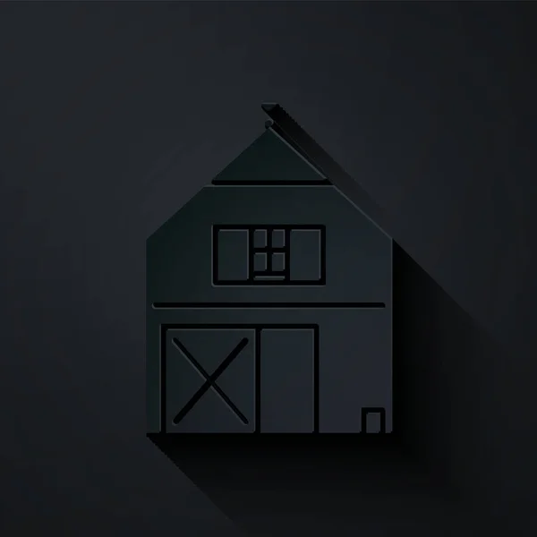 Icône concept Farm House découpée en papier isolée sur fond noir. Paysage agricole rustique. Style art du papier. Illustration vectorielle — Image vectorielle