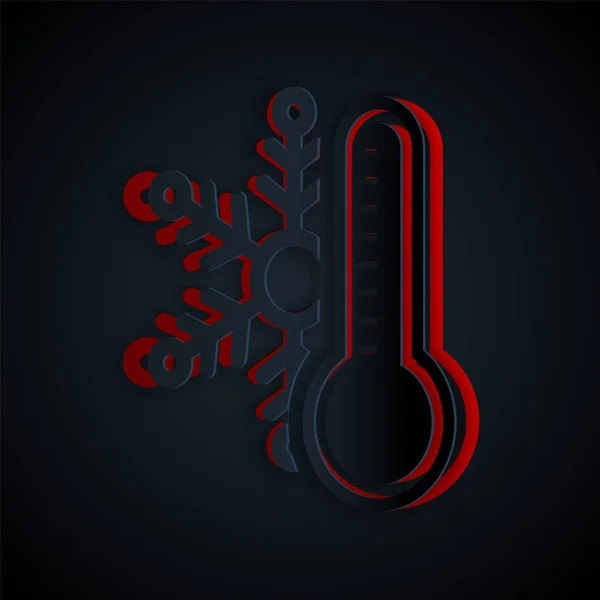 Papier gesneden thermometer met sneeuwvlokje pictogram geïsoleerd op zwarte achtergrond. Papierkunst stijl. Vector Illustratie — Stockvector