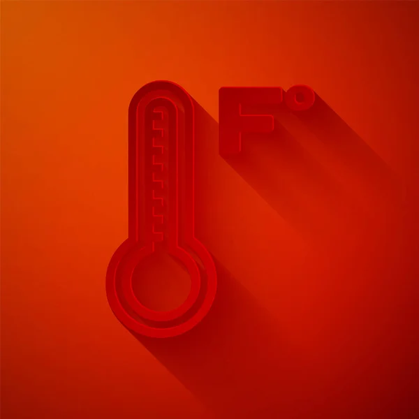 Paper cut Meteorology thermometer measuring heat and cold icon isolated on red background. Temperature Fahrenheit. Paper art style. Vector Illustration — Stock Vector