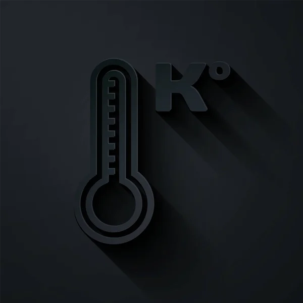 Paper cut Meteorology thermometer measuring heat and cold icon isolated on black background. Temperature Kelvin. Paper art style. Vector Illustration — 스톡 벡터