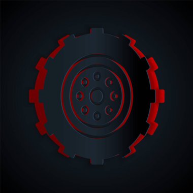 Kağıt kesiği Araba Tekerleği simgesi siyah arka planda izole edilmiş. Kağıt sanatı tarzı. Vektör İllüstrasyonu