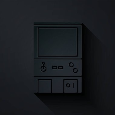 Kağıt kesiği Retro oyun makinesi simgesi siyah arkaplanda izole edildi. Kağıt sanatı tarzı. Vektör İllüstrasyonu