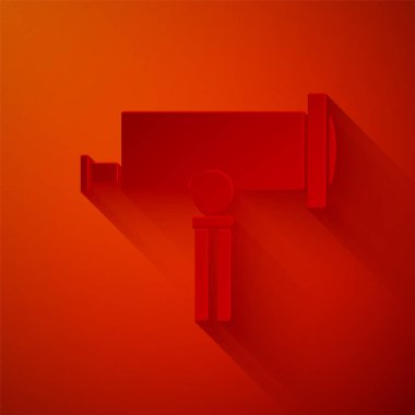 Kağıt kesiği Teleskop simgesi kırmızı arkaplanda izole edildi. Bilimsel bir alet. Eğitim ve astronomi elementi, dürbün ve çalışma yıldızları. Kağıt sanatı tarzı. Vektör İllüstrasyonu