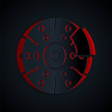Kağıt kesiği, siyah arka planda izole edilmiş kalibre simgesi olan araba fren diski. Kağıt sanatı tarzı. Vektör İllüstrasyonu