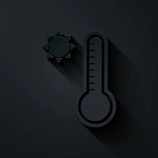 Папір вирізав метеорологічний термометр, що вимірює тепло і холодну ікону ізольовано на чорному тлі. Термометр обладнання, що показує гарячу або холодну погоду. Стиль паперового мистецтва. Векторна ілюстрація — стоковий вектор