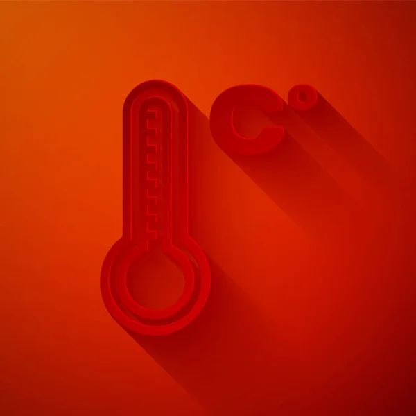 Corte de papel Termômetro de meteorologia medindo calor e ícone frio isolado no fundo vermelho. Temperatura Celsius. Estilo de arte de papel. Ilustração vetorial — Vetor de Stock