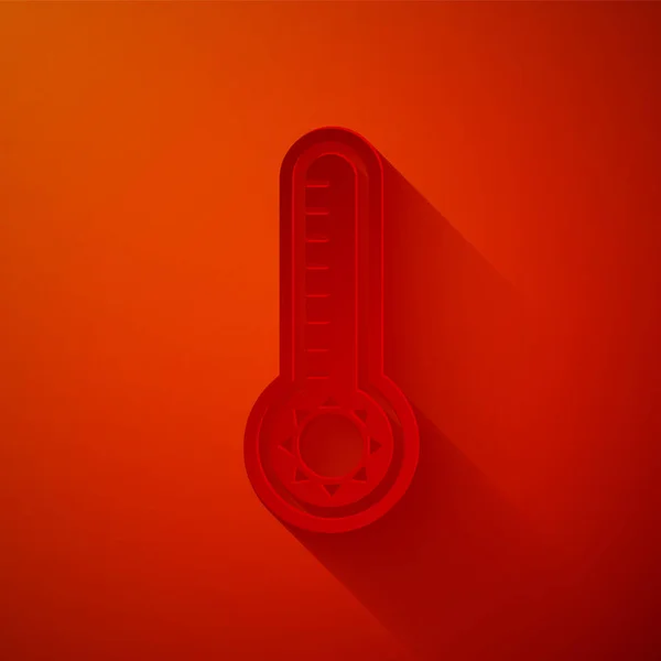 Papier découpé Thermomètre météorologique mesurant la chaleur et l'icône froide isolé sur fond rouge. Équipement de thermomètre montrant le temps chaud ou froid. Style art du papier. Illustration vectorielle — Image vectorielle