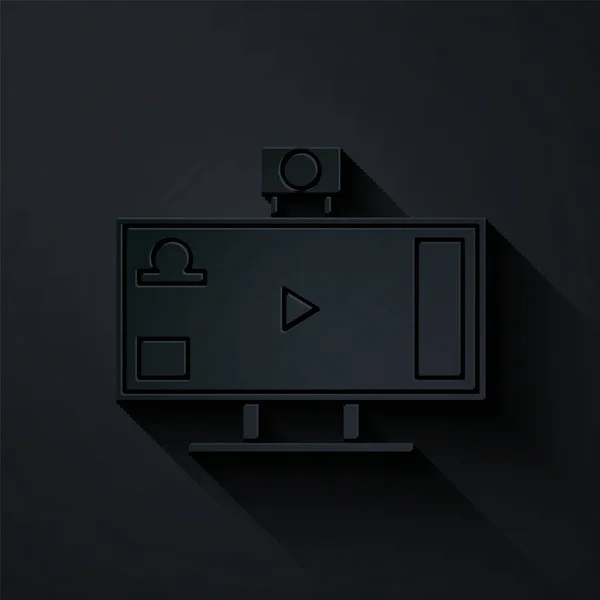 Papel corte Live streaming on-line videogame jogar ícone isolado no fundo preto. Estilo de arte de papel. Ilustração vetorial — Vetor de Stock