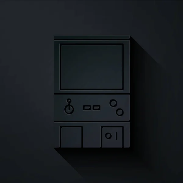 Papiergeschnittene Retro-Arcade-Spielautomat-Symbol isoliert auf schwarzem Hintergrund. Papierkunst. Vektorillustration — Stockvektor