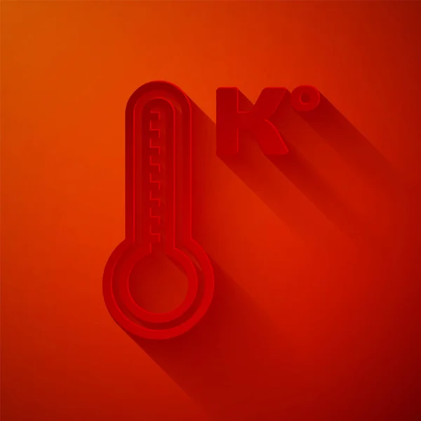 Kağıt kesiği Meteoroloji termometresi ısıyı ve soğuk ikonu ölçer. Kırmızı arka planda izole edilmiş. Sıcaklık Kelvin. Kağıt sanatı tarzı. Vektör İllüstrasyonu — Stok Vektör