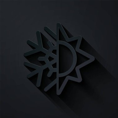 Kağıt kesiği Sıcak ve soğuk sembol. Siyah zemin üzerinde izole edilmiş güneş ve kar tanesi simgesi. Kış ve yaz sembolü. Kağıt sanatı tarzı. Vektör İllüstrasyonu