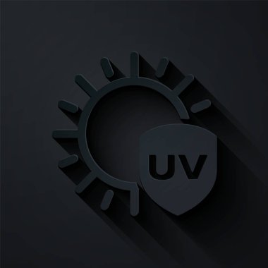 Kağıt kesiği UV koruma simgesi siyah arkaplanda izole edildi. Güneş ve kalkan. Ultra menekşe ışınları radyasyon. Güneş ışığı işareti. Kağıt sanatı tarzı. Vektör İllüstrasyonu