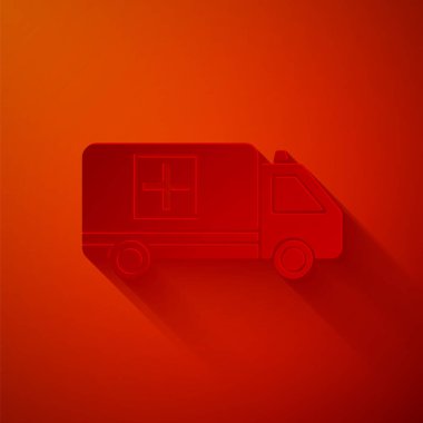 Kağıt kesiği ambulans ve acil durum arabası simgesi kırmızı arka planda izole edildi. Ambulans aracı tıbbi tahliye. Kağıt sanatı tarzı. Vektör İllüstrasyonu