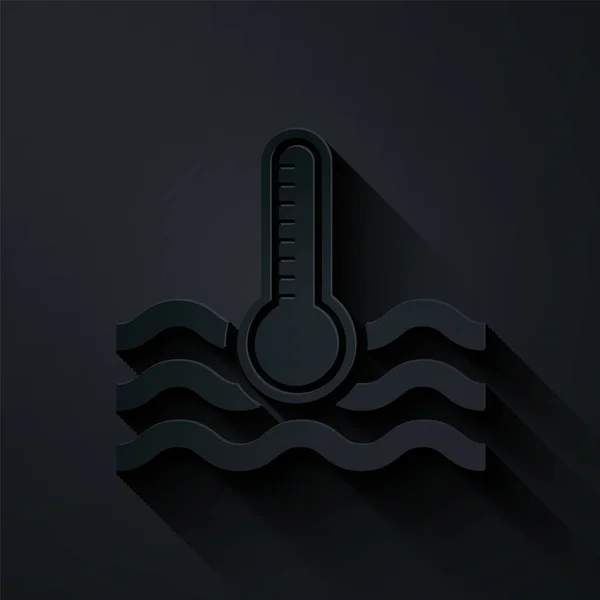 Paper cut Water thermometer measuring heat and cold icon isolated on black background. Thermometer equipment showing hot or cold weather. Paper art style. Vector Illustration — 스톡 벡터