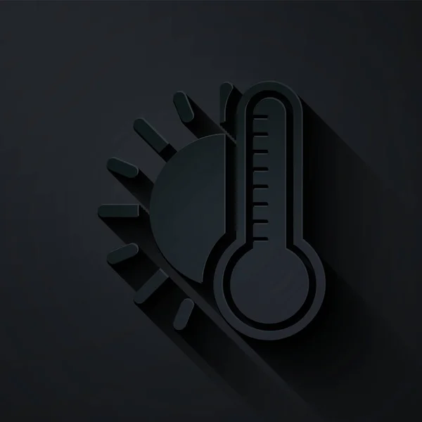 Papier gesneden thermometer met zon pictogram geïsoleerd op zwarte achtergrond. Papierkunst stijl. Vector Illustratie — Stockvector