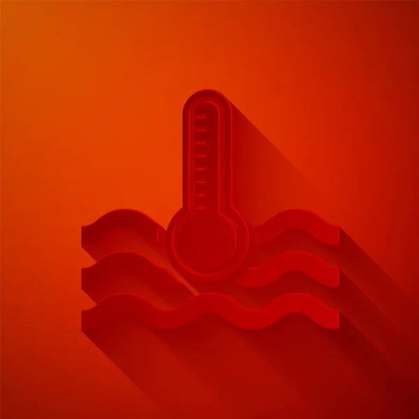 Paper cut Water thermometer measuring heat and cold icon isolated on red background. Thermometer equipment showing hot or cold weather. Paper art style. Vector Illustration — Stock Vector