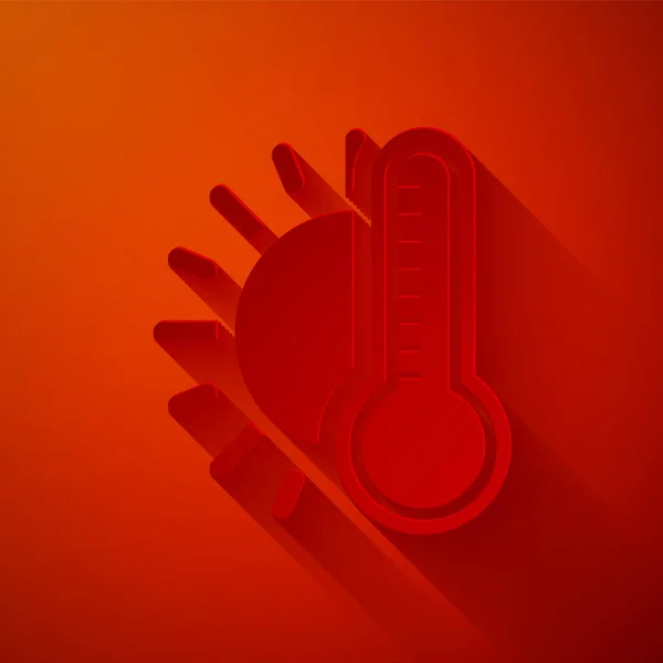 Paper cut Thermometer with sun icon isolated on red background. Paper art style. Vector Illustration — Stock Vector