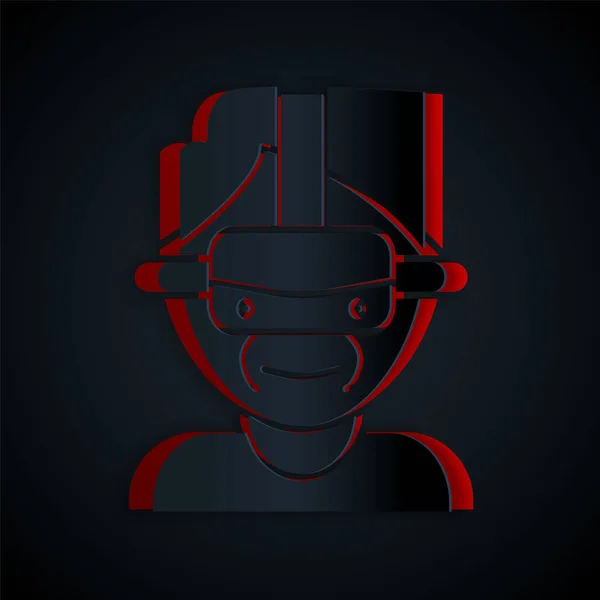 Corte de papel Icono de gafas de realidad virtual aislado sobre fondo negro. Máscara estereoscópica 3d vr. Estilo de arte de papel. Ilustración vectorial — Vector de stock