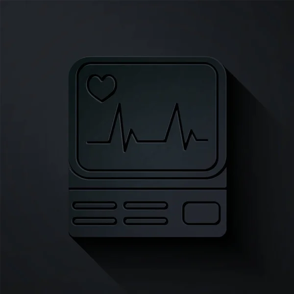 Corte de papel Monitor de computador com ícone de cardiograma isolado em fundo preto. Ícone de monitoramento. Monitor de ECG com mão batida cardíaca desenhada. Estilo de arte de papel. Ilustração vetorial —  Vetores de Stock