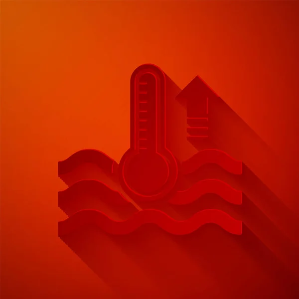 Paper cut Water thermometer measuring heat and cold icon isolated on red background. Thermometer equipment showing hot or cold weather. Paper art style. Vector Illustration — Stock Vector