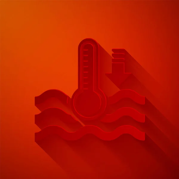 Corte de papel Termômetro de água medindo calor e ícone frio isolado no fundo vermelho. Equipamento termômetro mostrando clima quente ou frio. Estilo de arte de papel. Ilustração vetorial —  Vetores de Stock