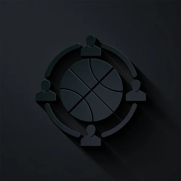 Paper cut Clock with basketball ball inside icon isolated on black background. Basketball time. Sport and training. Paper art style. Vector Illustration — 스톡 벡터