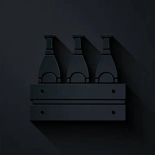 Papiergeschnittene Packung Bierflaschen auf schwarzem Hintergrund. Holzkiste und Bierflaschen. Kästen-Bierkastenschild. Papierkunst. Vektorillustration — Stockvektor