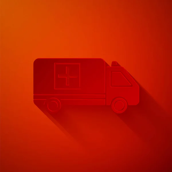 Papierschnitt Krankenwagen und Notarztwagen Ikone isoliert auf rotem Hintergrund. Rettungswagen medizinische Evakuierung. Papierkunst. Vektorillustration — Stockvektor