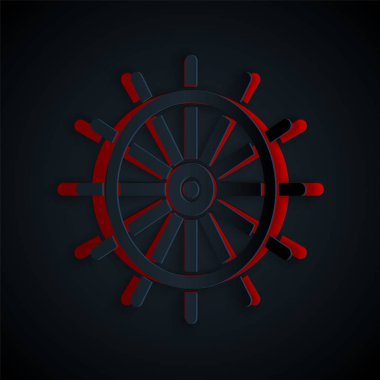 Kağıt kesikli direksiyon simgesi siyah arka planda izole edilmiş. Kağıt sanatı tarzı. Vektör İllüstrasyonu