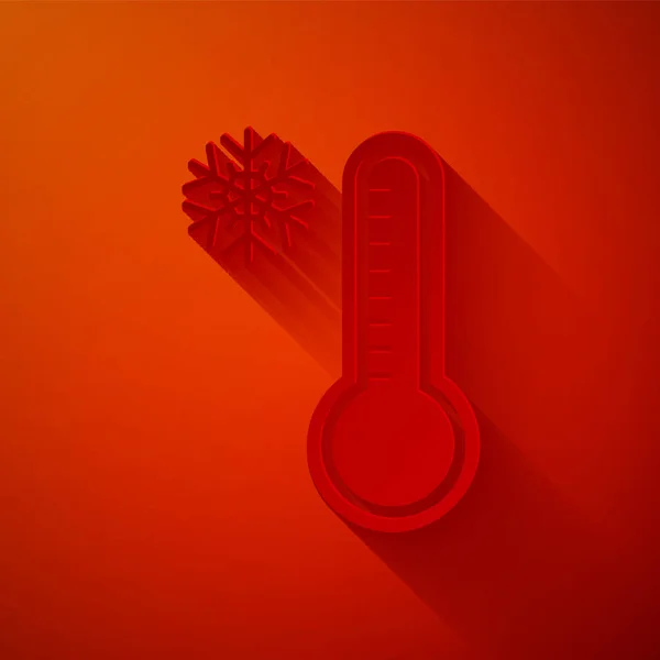 Corte de papel Termômetro de meteorologia medindo calor e ícone frio isolado no fundo vermelho. Equipamento termômetro mostrando clima quente ou frio. Estilo de arte de papel. Ilustração vetorial —  Vetores de Stock